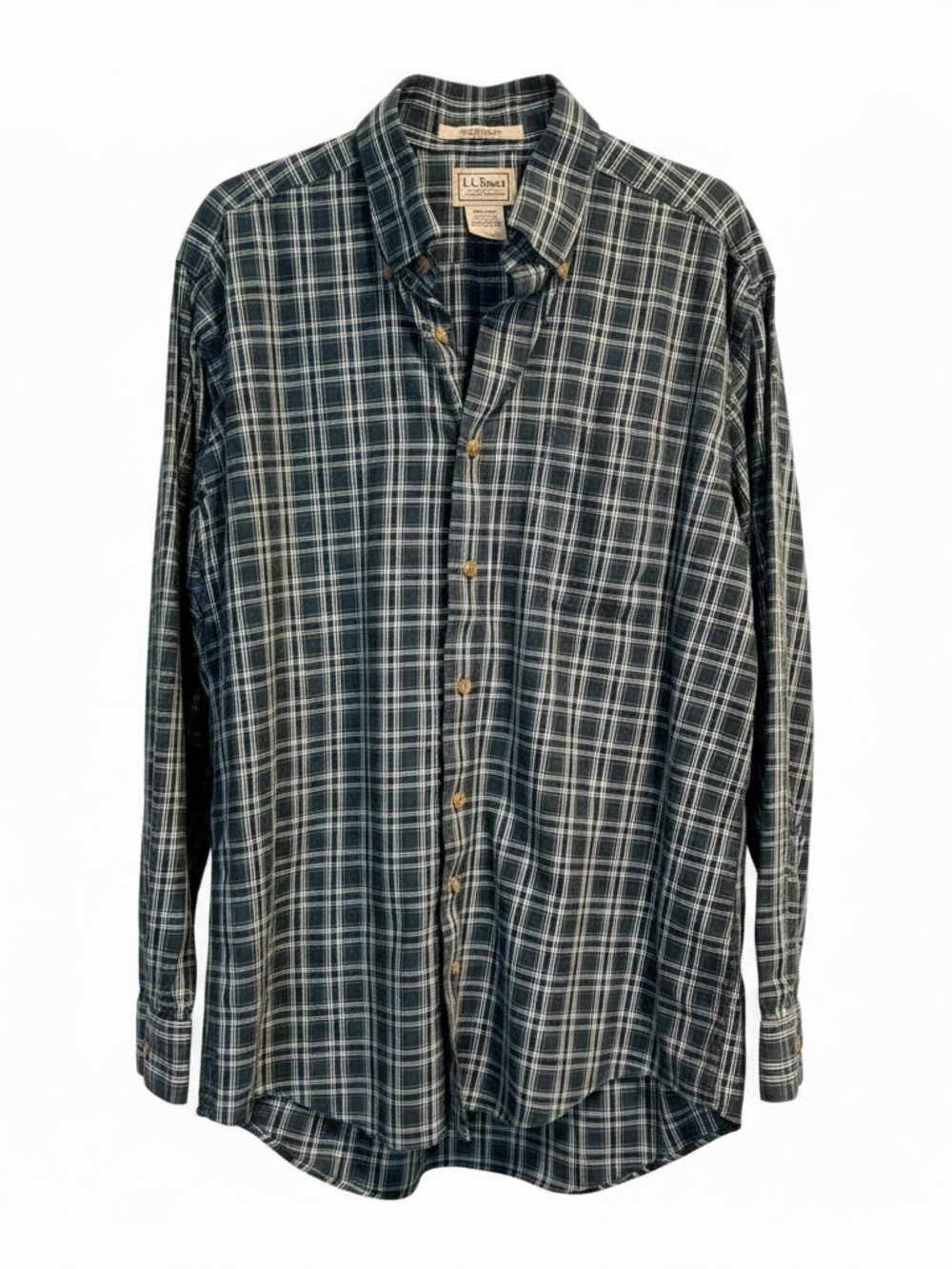 L.L. Bean Men's Dark Green and Navy Plaid Button-Down Shirt